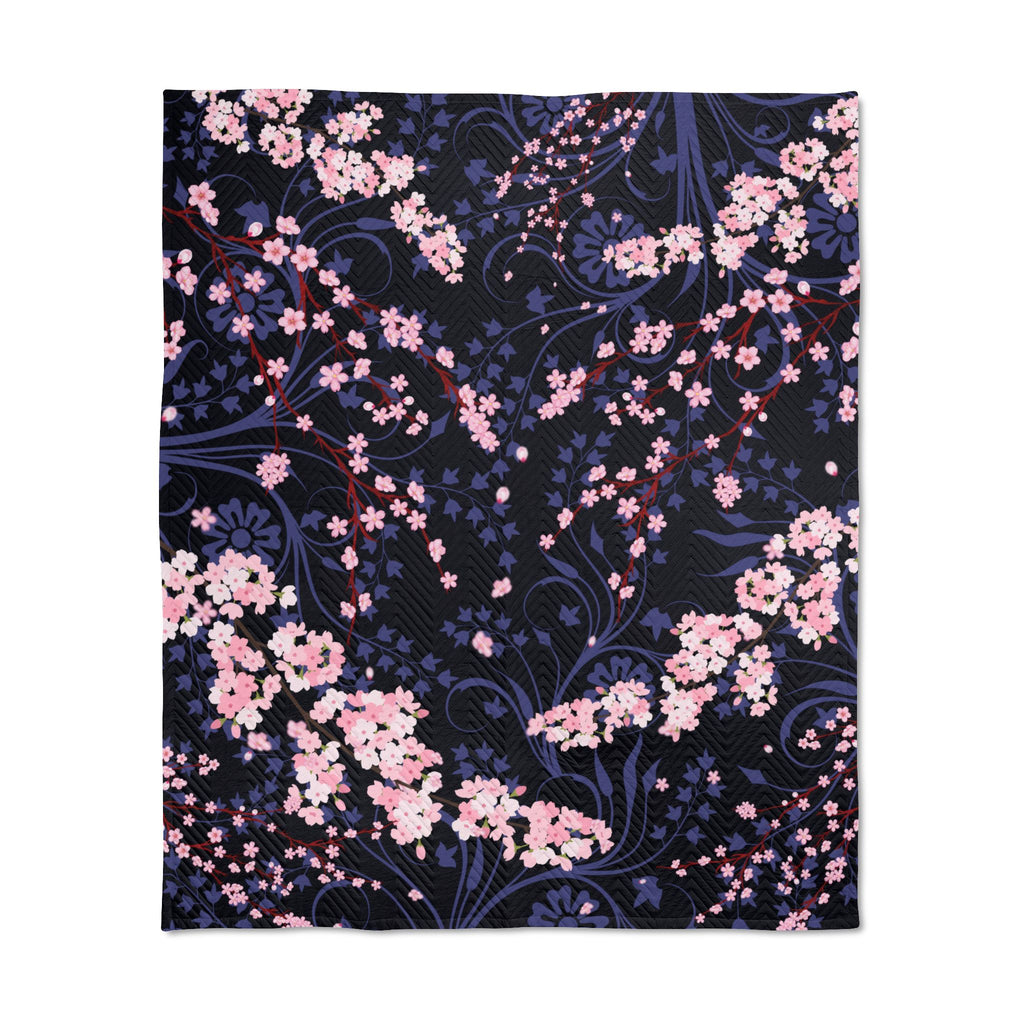 Cherry Blossom Reverie – Midnight Edition Quilted Throw Blanket, Dark Floral Minky Blanket, Cozy Luxury Home Decor, Elegant Gift