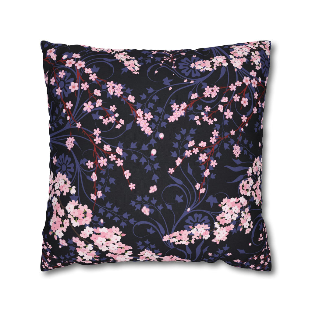 Cherry Blossom Reverie – Midnight Edition Square Pillow Dark Floral Decorative Pillow, Elegant Home Decor