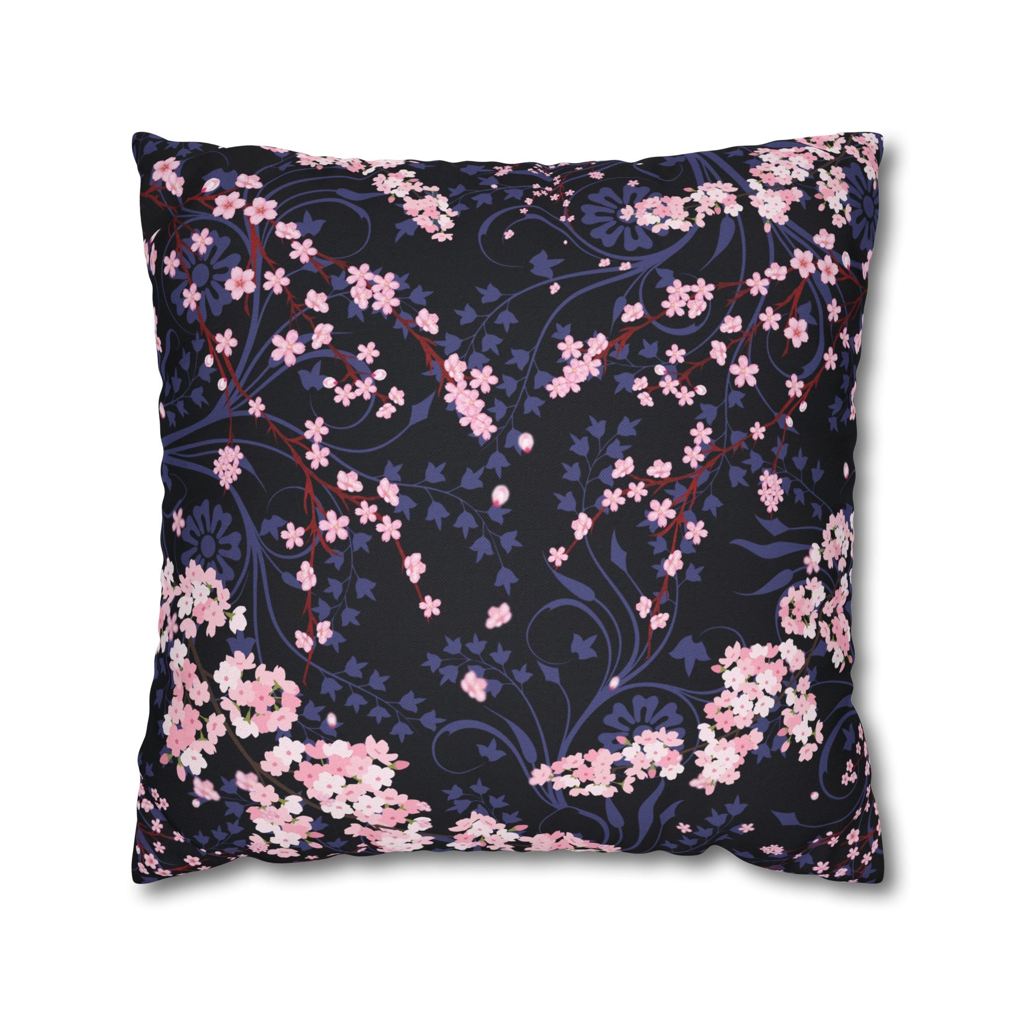 Cherry Blossom Reverie – Midnight Edition Square Pillow Dark Floral Decorative Pillow, Elegant Home Decor