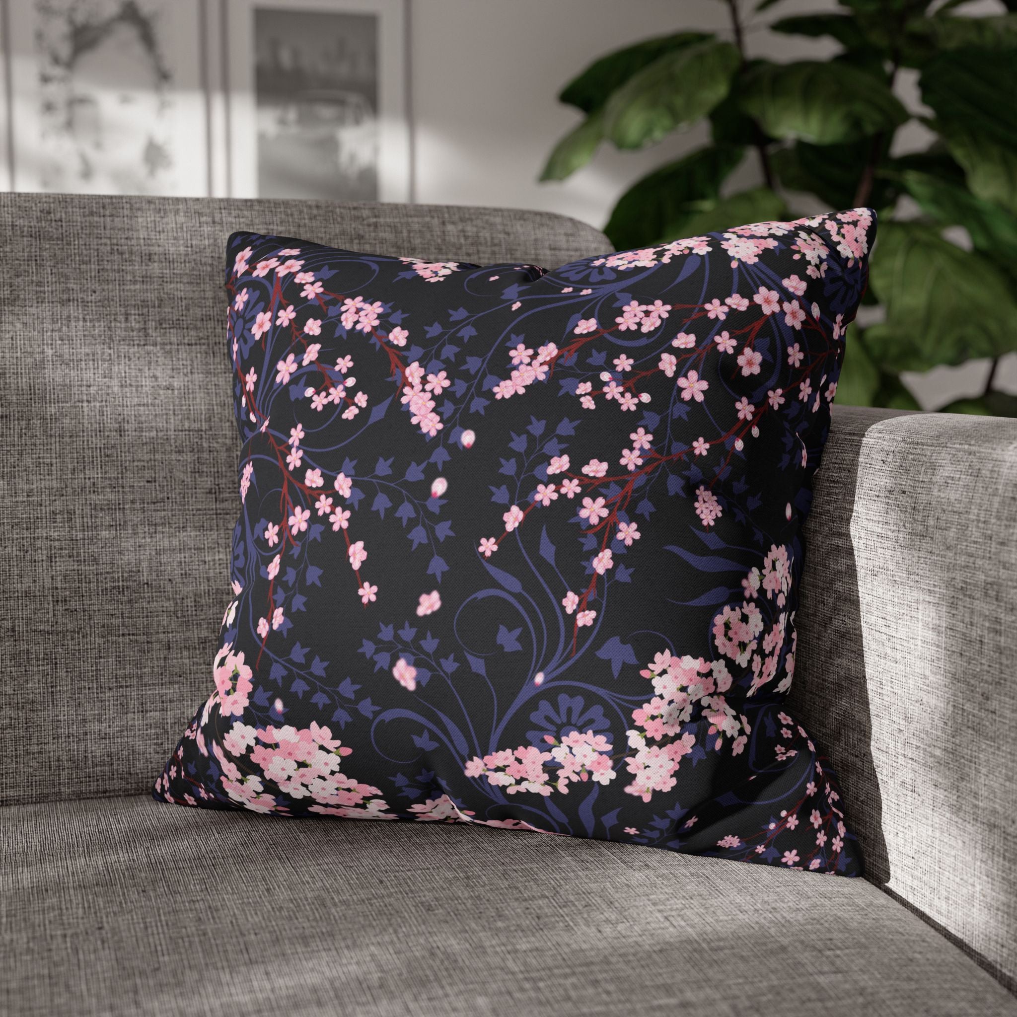 Cherry Blossom Reverie – Midnight Edition Square Pillow Dark Floral Decorative Pillow, Elegant Home Decor