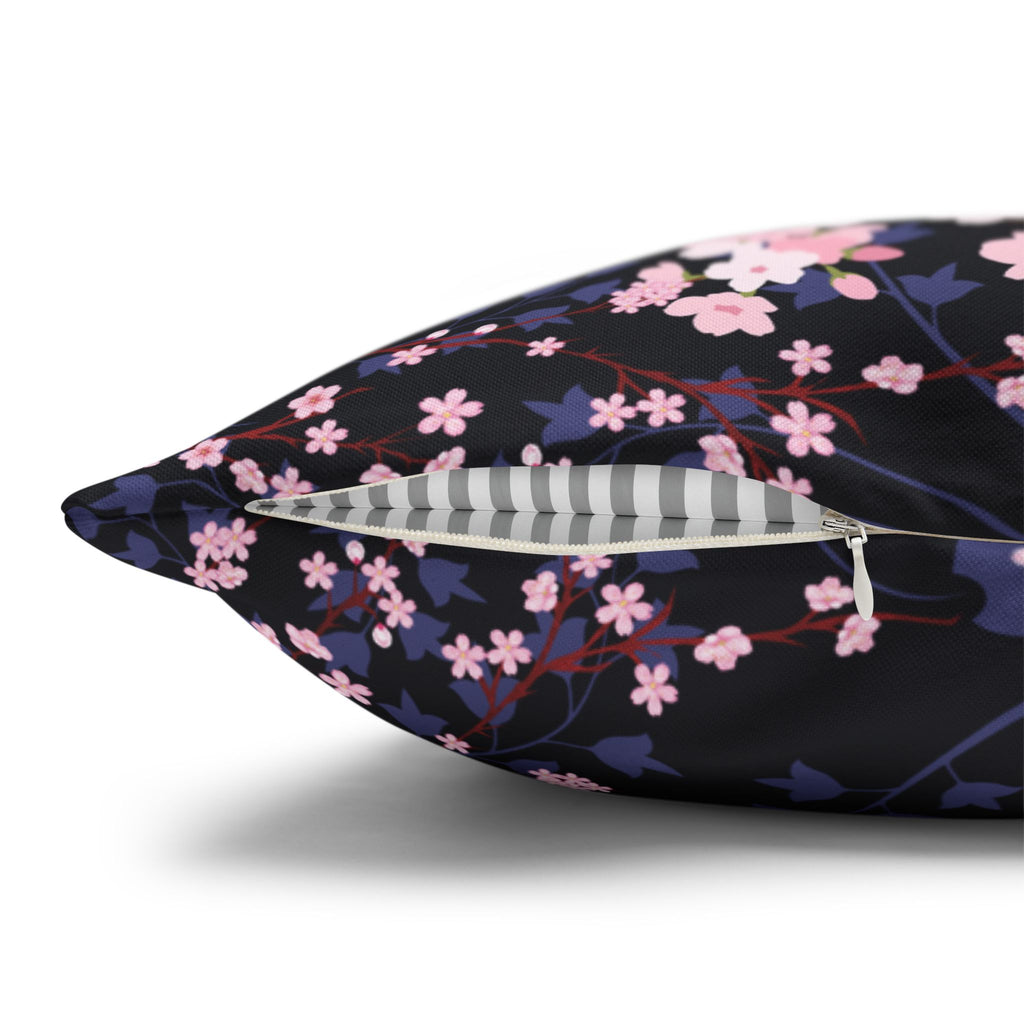 Cherry Blossom Reverie – Midnight Edition Square Pillow Dark Floral Decorative Pillow, Elegant Home Decor