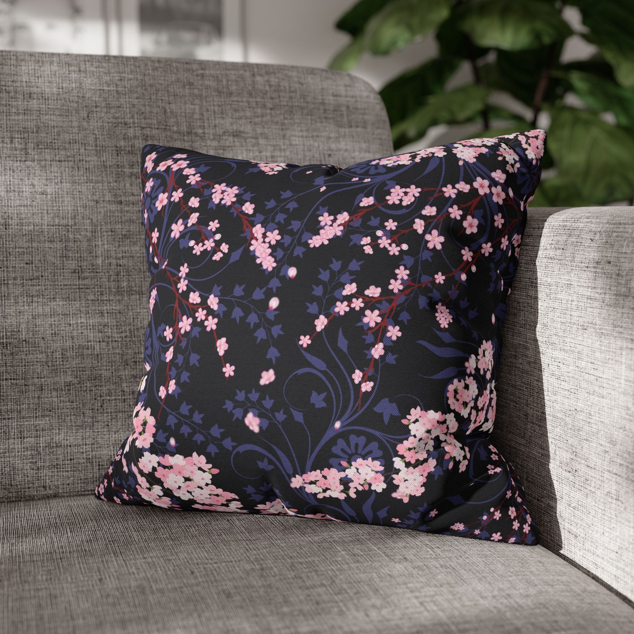 Cherry Blossom Reverie – Midnight Edition Square Pillow Dark Floral Decorative Pillow, Elegant Home Decor