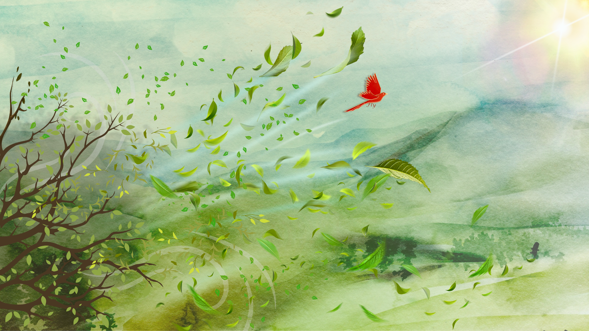 Flight of the Red Bird Wall Mural – Serene Nature Wallpaper with Windblown Leaves & Sunlight