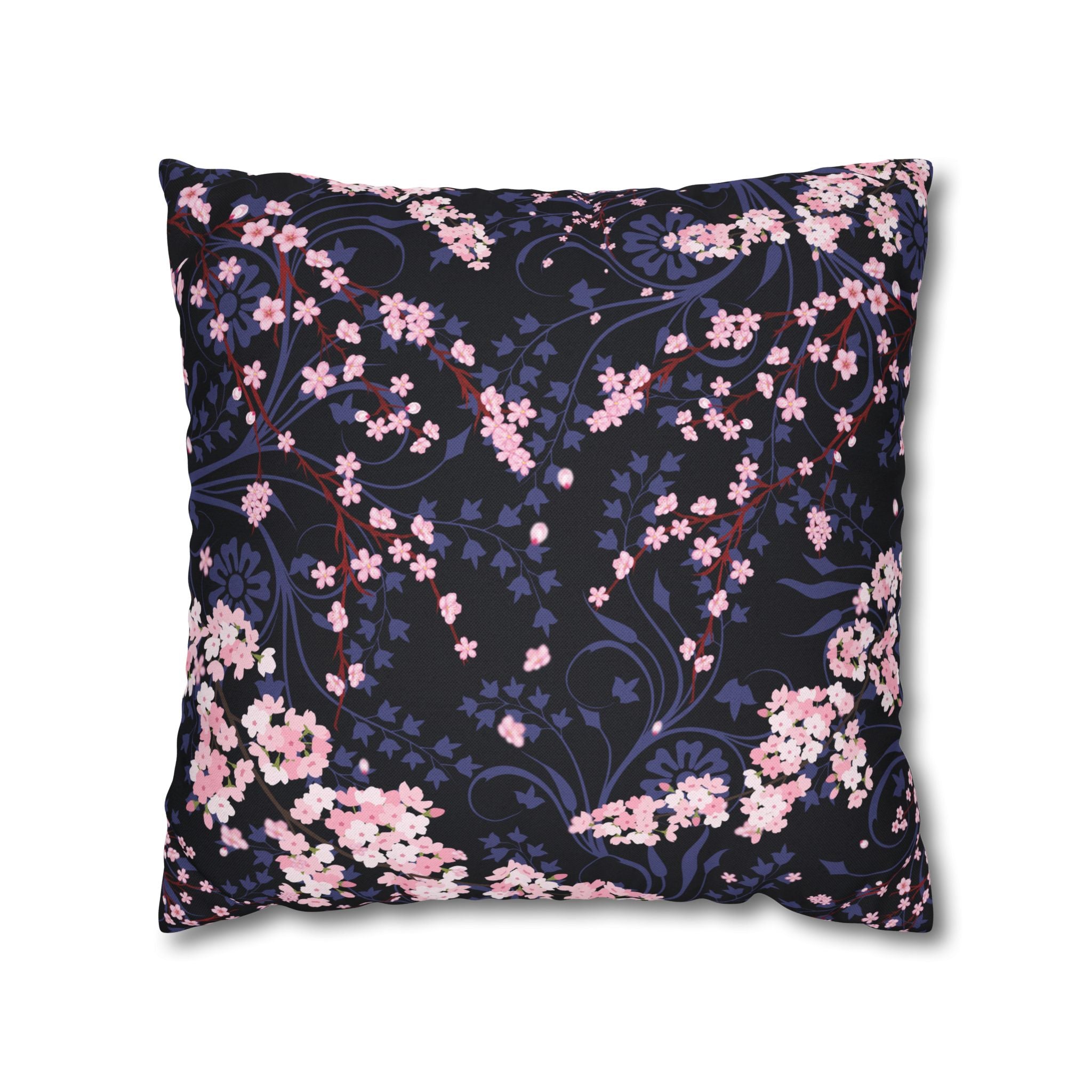 Cherry Blossom Reverie – Midnight Edition Square Pillow Dark Floral Decorative Pillow, Elegant Home Decor