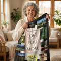 Person holding the Love You Mom personalized photo blanket, warm lifestyle shot