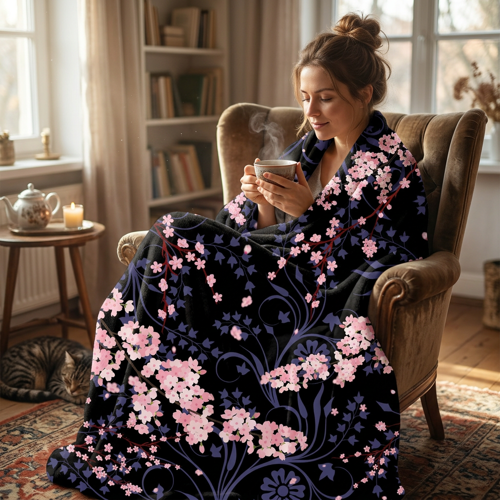 Cherry Blossom Reverie – Midnight Edition Quilted Throw Blanket, Dark Floral Minky Blanket, Cozy Luxury Home Decor, Elegant Gift