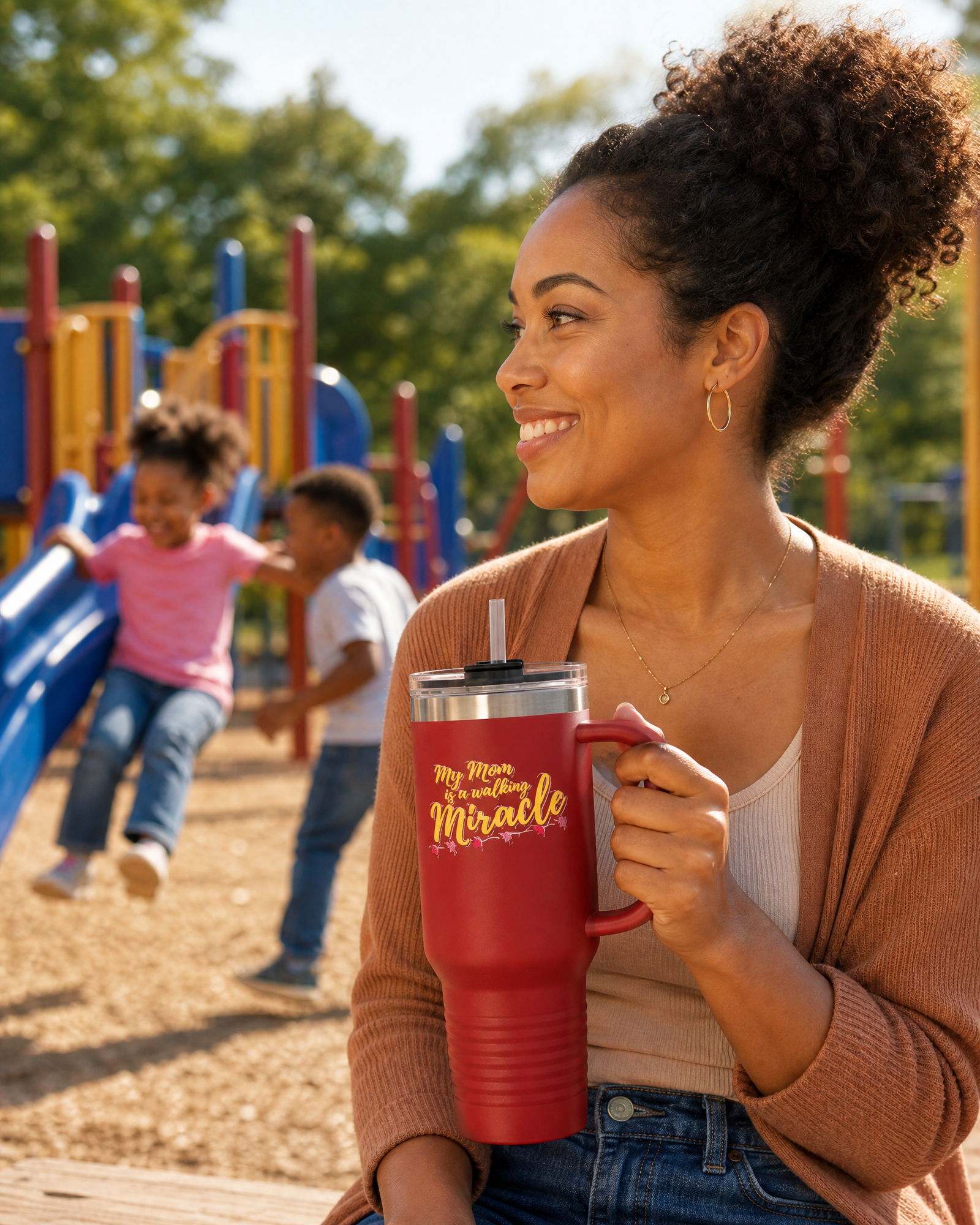 Mom Is a Walking Miracle 40oz Tumbler – Mom Tumbler, Mother’s Day Gift, Inspirational Mom Gift, Travel Mug with Handle & Straw