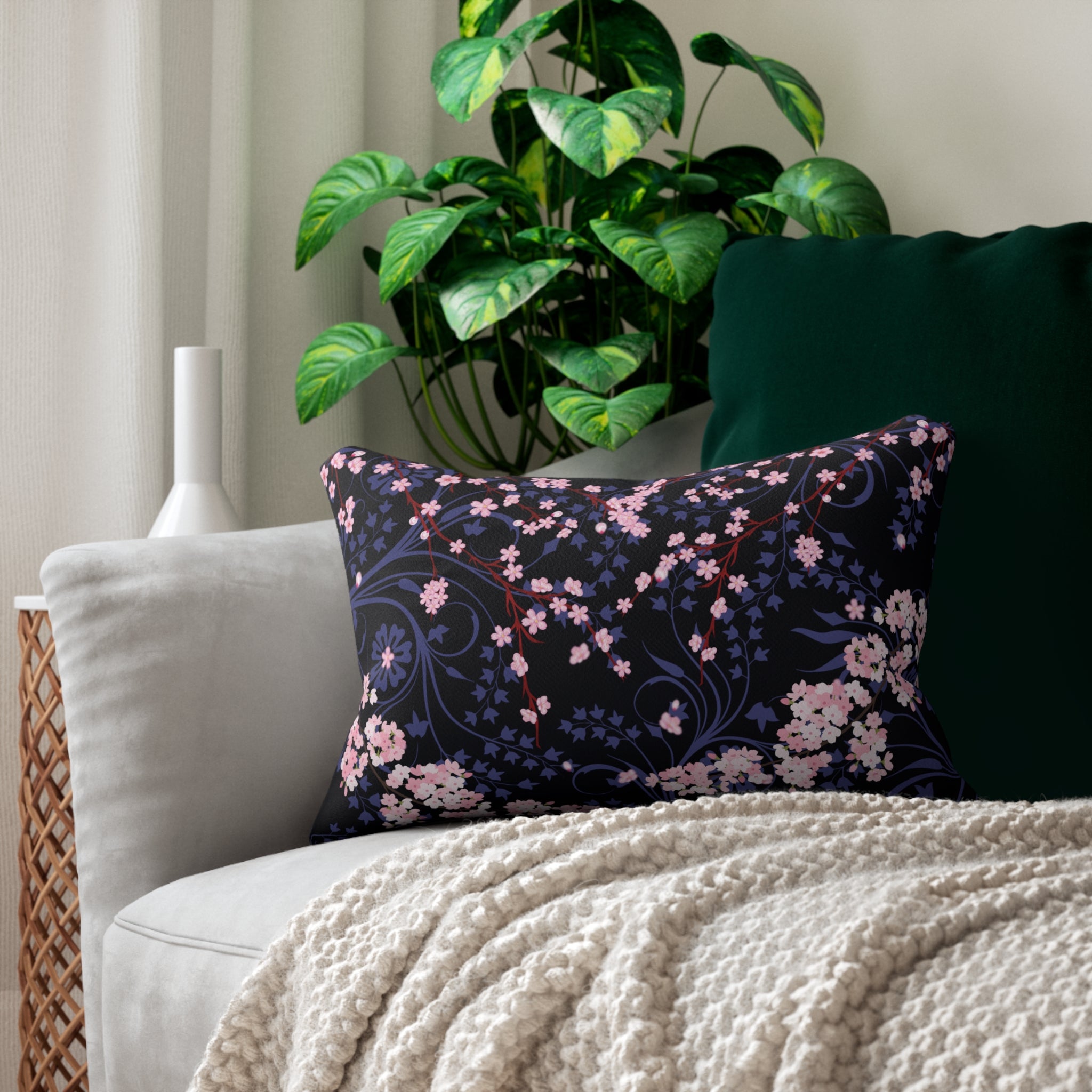 Cherry Blossom Reverie – Midnight Edition Lumbar Pillow, Dark Floral Decorative Pillow, Elegant Home Decor