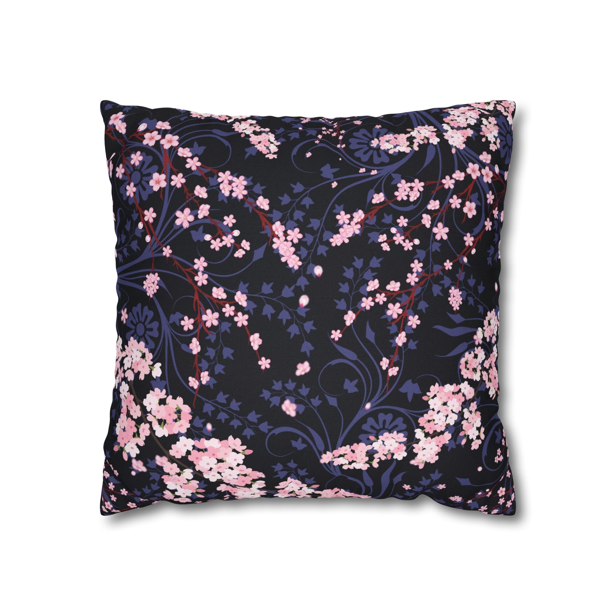 Cherry Blossom Reverie – Midnight Edition Square Pillow Dark Floral Decorative Pillow, Elegant Home Decor