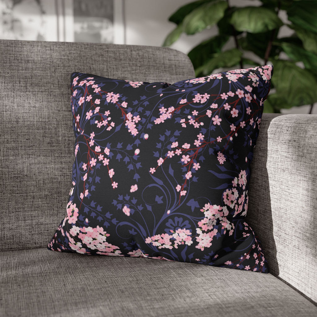 Cherry Blossom Reverie – Midnight Edition Square Pillow Dark Floral Decorative Pillow, Elegant Home Decor