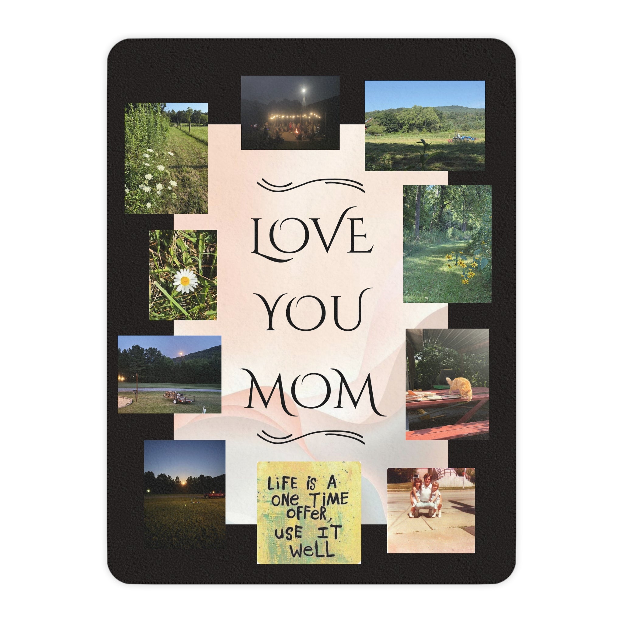 Love You Mom personalized photo blanket with custom family photos, ultra-soft sherpa backing