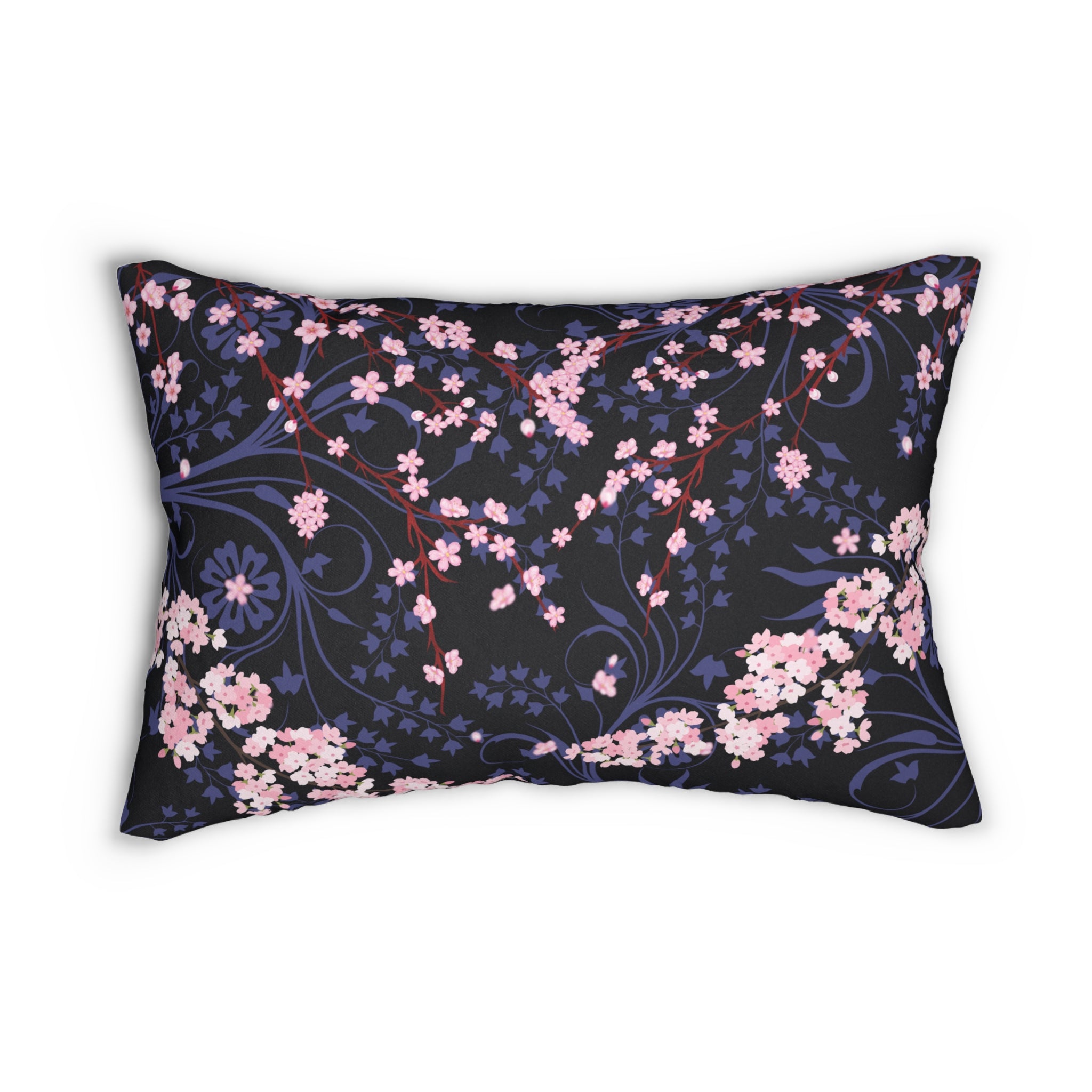 Cherry Blossom Reverie – Midnight Edition Lumbar Pillow, Dark Floral Decorative Pillow, Elegant Home Decor