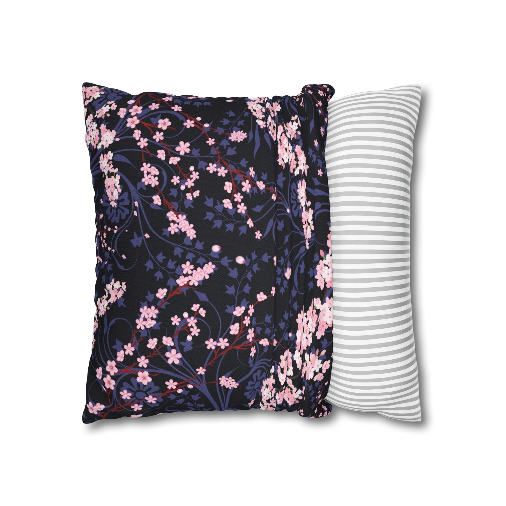Cherry Blossom Reverie – Midnight Edition Square Pillow Dark Floral Decorative Pillow, Elegant Home Decor