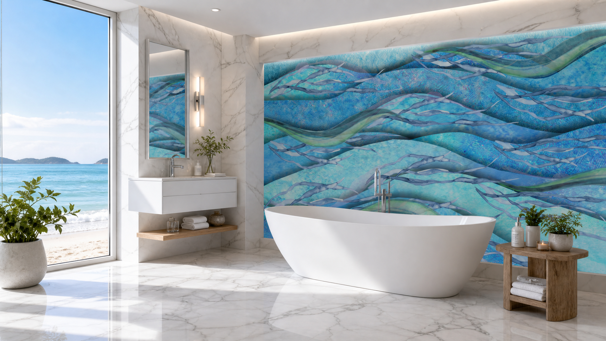 Sea Wave Watercolor Wallpaper – Coastal Blue Feature Wall Mural | Serene Spa-Inspired Wall Décor