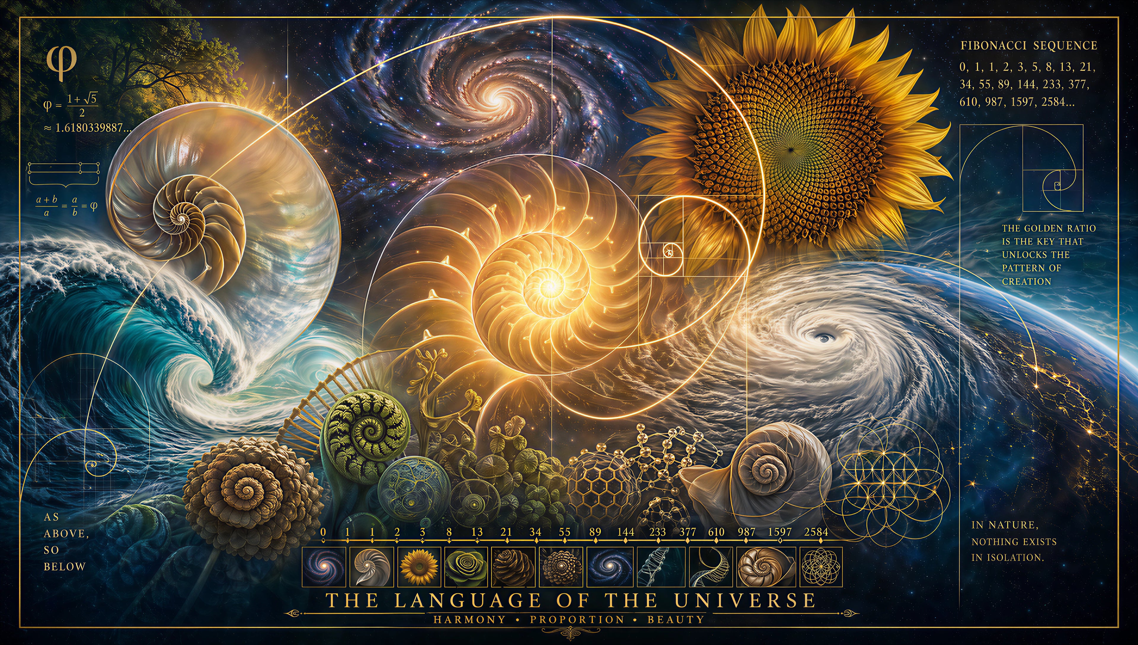 Fibonacci Sequence Wall Mural – Golden Ratio Sacred Geometry Cosmic Nature Wall Art