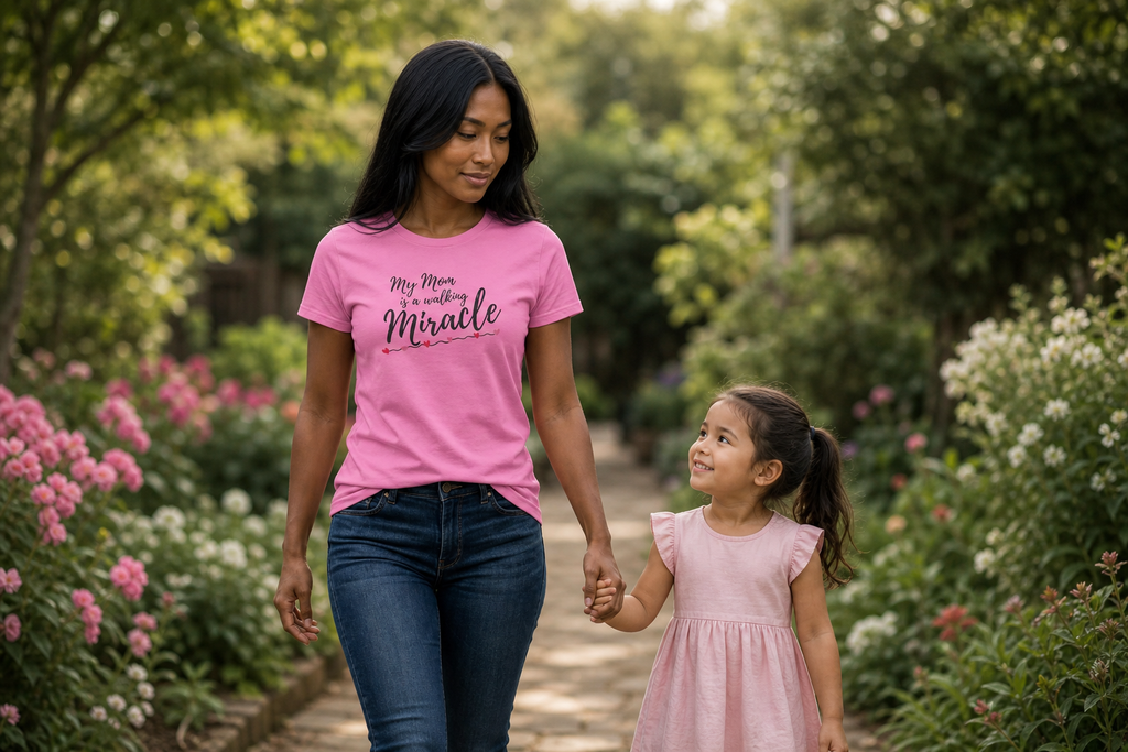 Mom Is a Walking Miracle T-Shirt – Inspirational Gift for Mom, Mother’s Day Shirt, Meaningful Mom Tee, Pink Graphic Shirt