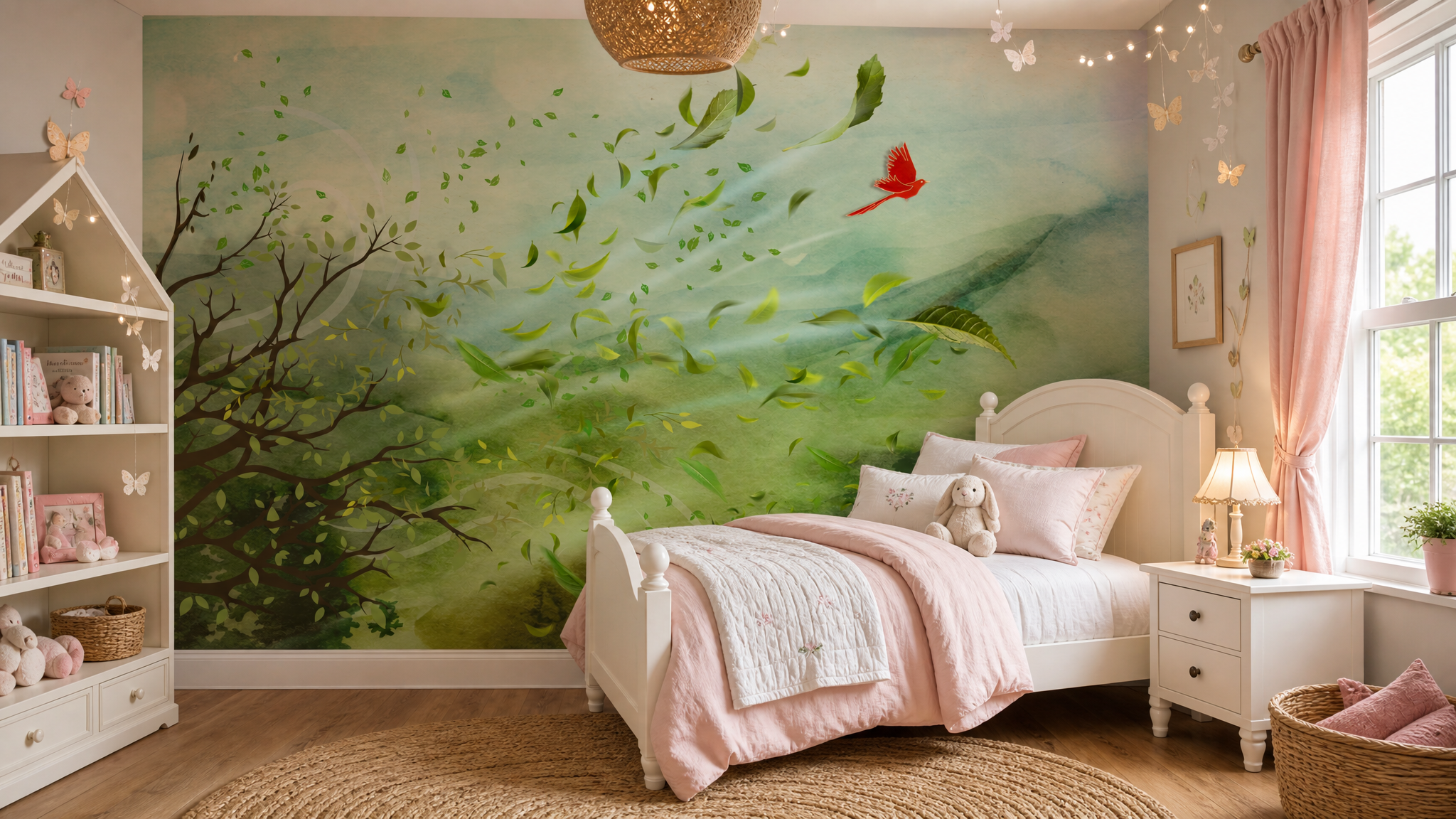 Bring peace and gentle movement into your space with this red bird mural. A soft, nature-inspired design perfect for bedrooms, nurseries, and relaxing interiors.