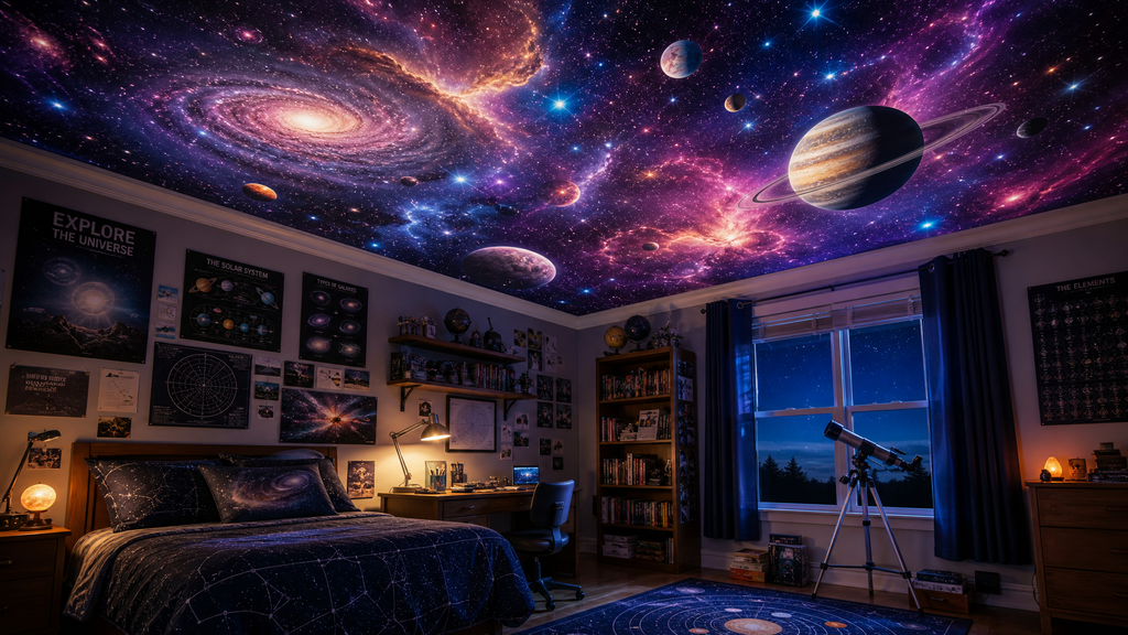 galaxy wall mural ceiling with stars planets and nebula in bedroom space themed decor