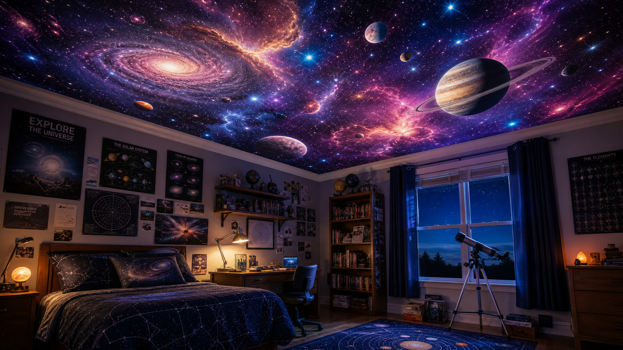 galaxy wall mural ceiling with stars planets and nebula in bedroom space themed decor