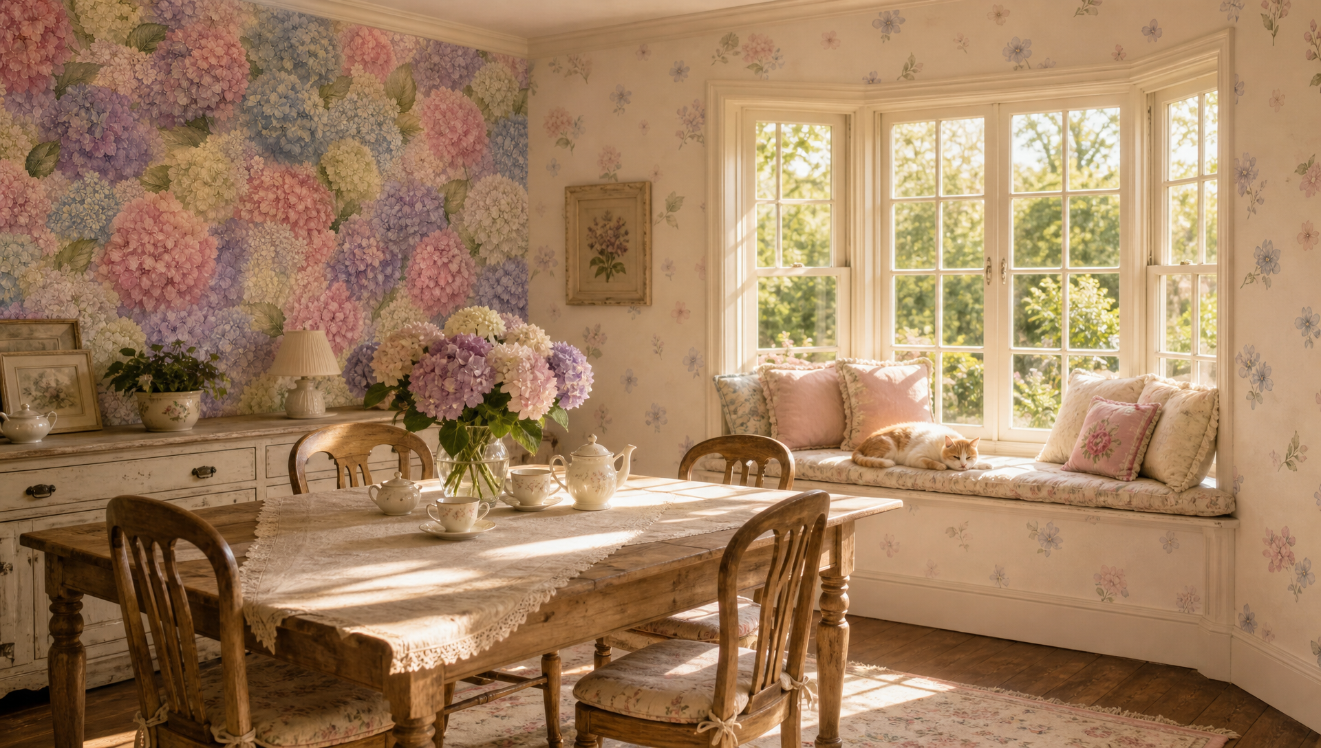 Blush Hydrangea Watercolor Wallpaper – Cottage Garden Floral Feature Wall & Coordinate Print