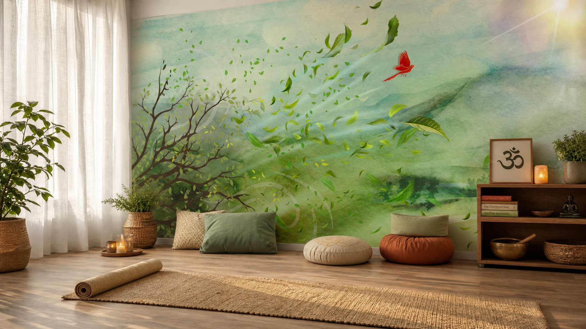 Flight of the Red Bird Wall Mural – Serene Nature Wallpaper with Windblown Leaves & Sunlight